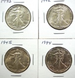1942, 1943, 1944 and 1945 Walking Liberty Half Dollars AU