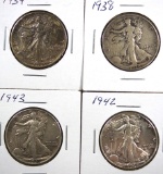 1938, 1939, 1942 and 1943 Walking Liberty Half Dollars F-AU