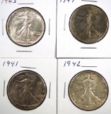 1941, 1942, 1943 and 1944 Walking Liberty Half Dollars F-XF
