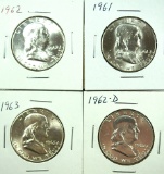 1961, 1962, 1962-D and 1963 Franklin Half Dollars AU-BU