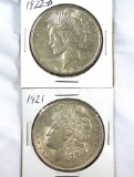 1921  Morgan and 1922-D Peace Silver Dollars XF-AU