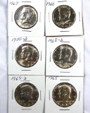 1965, 1966, 1967, 1968-D, 1969-D and 1970-D Kennedy 40% Silver Half Dollars BU