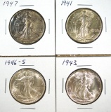 1941, 1943, 1946-S and 1947 Walking Liberty Half Dollars XF-BU