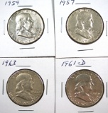 1957,1959, 1961-D and 1963 Franklin Half Dollars XF-AU