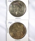 1921 Morgan and 1926-D Peace Silver Dollars AU-Choice XF-AU Choice