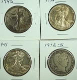 1912-S Barber, 1941, 1944 and 1945 Walking Liberty Half Dollars G-AU