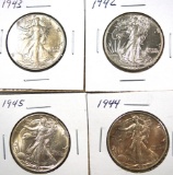 1942, 1943, 1944 and 1945 Walking Liberty Half Dollars XF-BU