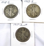 1917-S Obv., 1918-S and 1923-S Walking Liberty Half Dollars G-VF