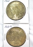 1922-S and 1923 Peace Silver Dollars AU