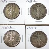 1933-S, 1934, 1935-S and 1936-D Walking Liberty Half Dollars F-VF