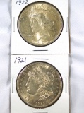 1921 Morgan and 1922 Peace Silver Dollars AU