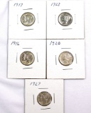 1916, 1917, 1920, 1923 and 1927 Mercury Dimes AU-BU Details