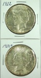 1922 and 1922-S Peace Silver Dollars AU