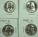 1945-S, 1947-S, 1948-S and 1950-S Washington Silver Quarters AU-BU