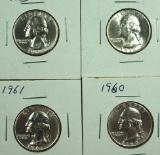 1960, 1961, 1962 and 1963 Washington Silver Quarters BU