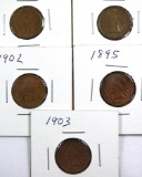 1895, 1902, 1903, 1905 and 1907 Indian Cents VF-XF+