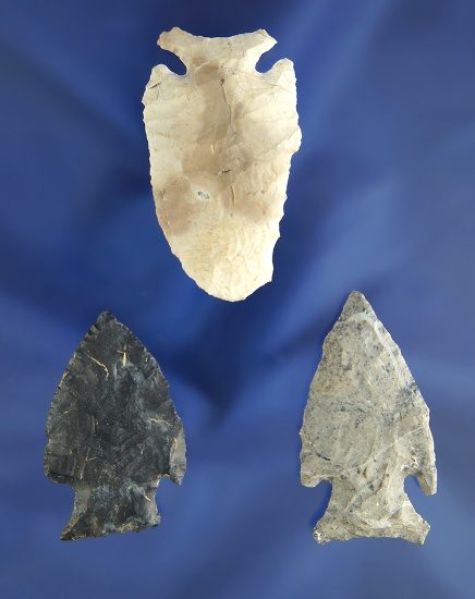 Set of three Ohio Intrusive Mound arrowheads found in Ohio, largest is 2".