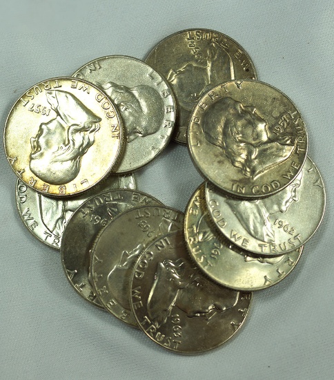 10 Franklin Silver Half Dollars VF-AU