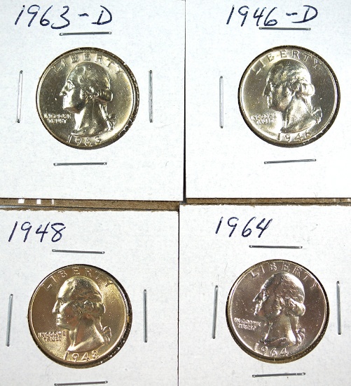 1946-D, 1948, 1963-D  and 1964 Washington Silver Quarters BU