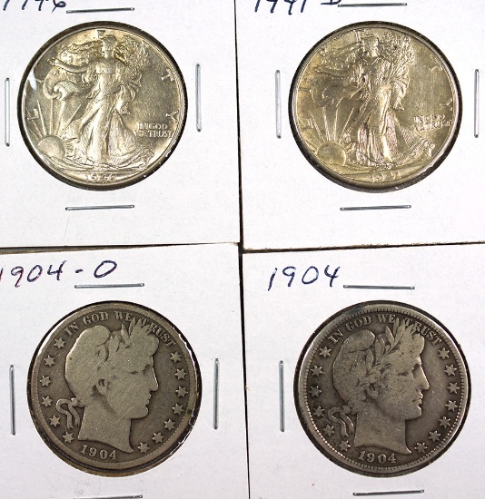 1904, 1904-O Barber, 1941-D and 1946 Walking Liberty Half Dollars G-AU
