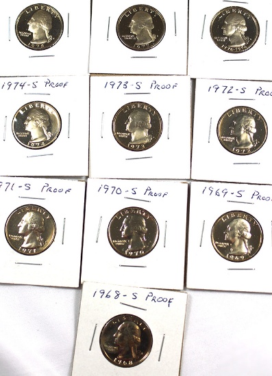 1968-S - 1978-S Assorted Proof Washington Quarters (10 Coins) * See full description.