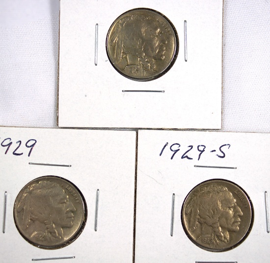 1929, 1929-D and 1929-S Buffalo Nickels VF-XF