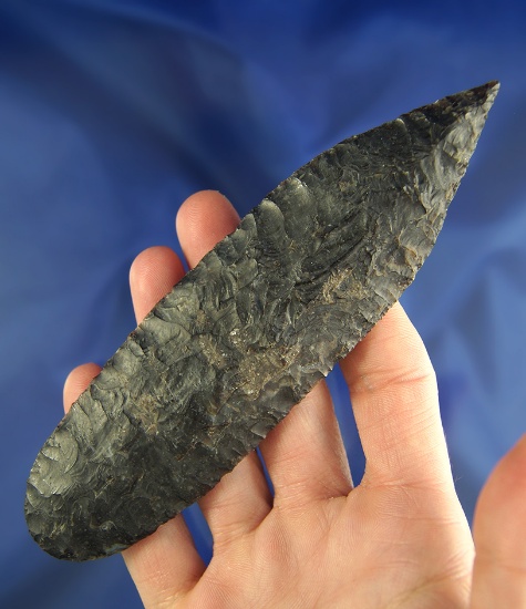 Exceptional flaking and style 5 5/8" black Flint Knife with a needle tip found in Oregon.