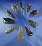 Group of 10 assorted Obsidian and Basalt arrowheads found in Nevada, all have some minor damage.