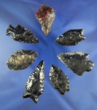 Set of seven assorted Great Basin Obsidian arrowheads, largest is 1 7/8