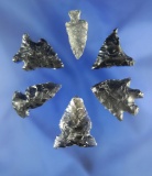 Set of six Obsidian arrowheads found in California, largest is 1