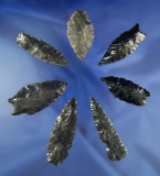Set of seven assorted Obsidian arrowheads found in the Great Basin Region, largest is 2 1/4