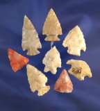 Set of 8 assorted midwestern arrowheads, some are Flint Ridge Flint.