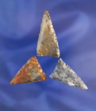 Set of 3 Triangular points found in Summit Co., Ohio. Ex. Gene Buehl collection.