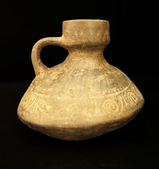 4 1/2" Tall Lambayeque Bottle with loop handle. Recovered from Peru, circa AD 800-1200. Schmitt COA.