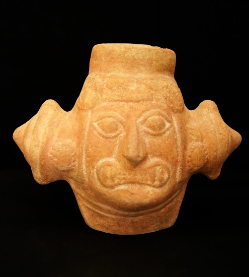 6 1/4" Tall by 8 1/2" Wide Moche Deity Portrait Cup.   Peru, circa AD 600. Comes with a Schmitt COA.