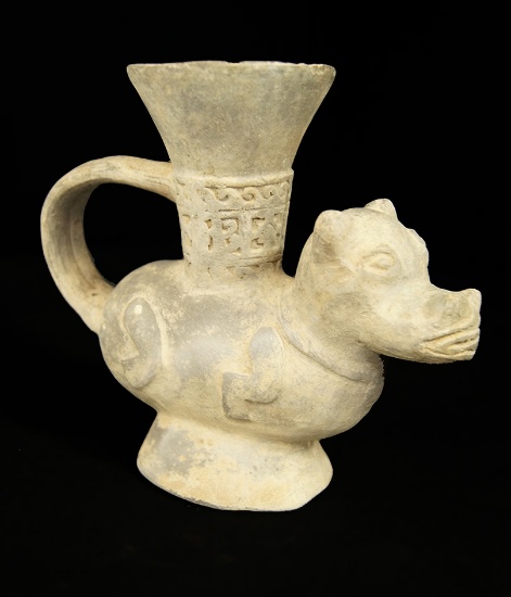 6 1/8" Tall Lambayeque Jaguar Effigy Vessel with rare internal whistle. Peru, AD 1000-1200. Schmitt