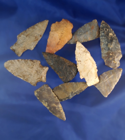 Set of 10 assorted arrowheads found in Alabama, largest is 2".