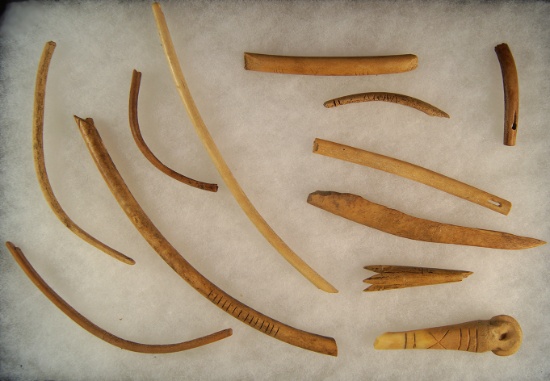 Group of assorted bone artifacts in various conditions found in the Dakotas.