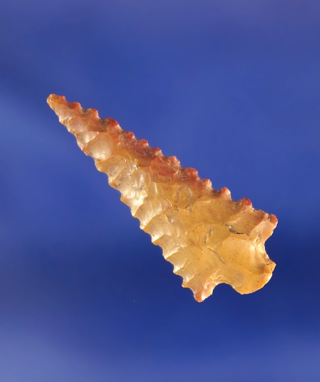 Nicely styled 1 1/8" serrated Jasper Stemmed arrowhead found near the Columbia River, WA.