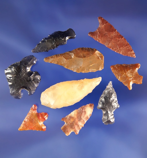 Set of nine assorted arrowheads found in Washington and Oregon, largest is 1 3/16".