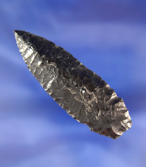 Very nicely flaked 2 9/16" Obsidian Nightfire found in the Owens Valley area of east central CA.