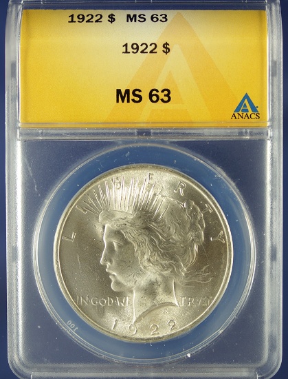 1922 Peace Silver Dollar Certified MS 63 by ANACS