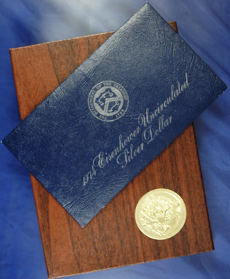 1974-S Silver Eisenhower Dollars Uncirculated in Original Blue Envelope and Proof in Brown Box