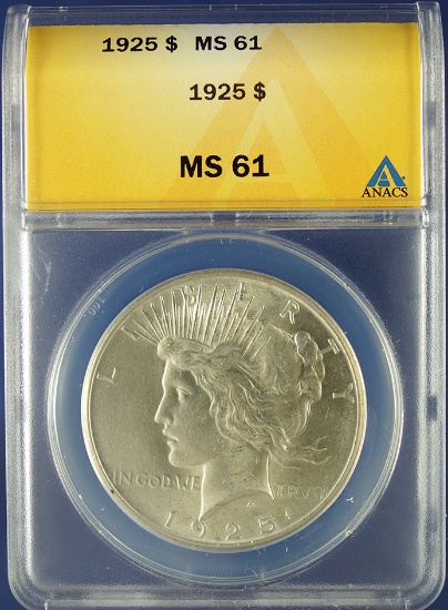 1925 Peace Silver Dollar Certified MS 61 by ANACS