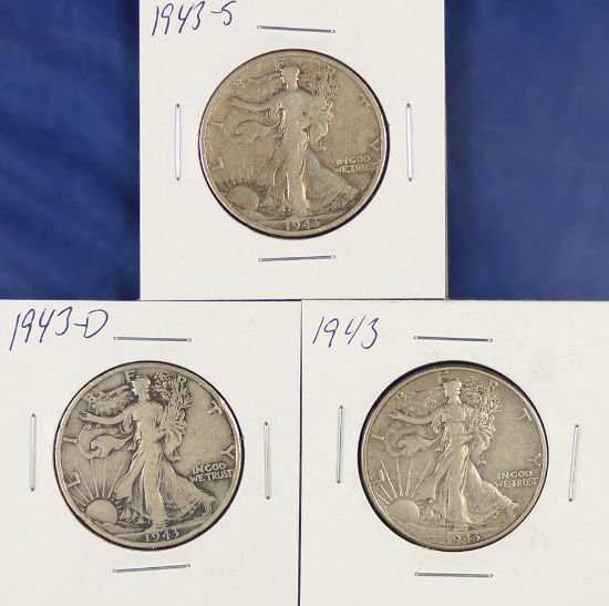 1943, 1943-D and 1943-S Walking Liberty Half Dollars F-VF