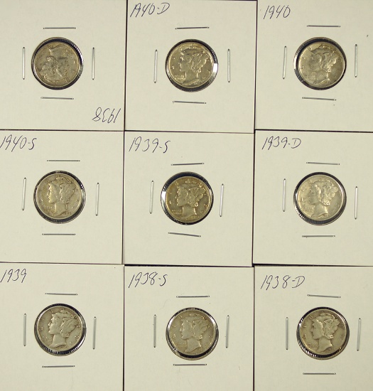 1938, 1938-D, 1938-S, 1939, 1939-D, 1939-S, 1940, 1940-D and 1940-S Mercury Silver Dimes VF-AU