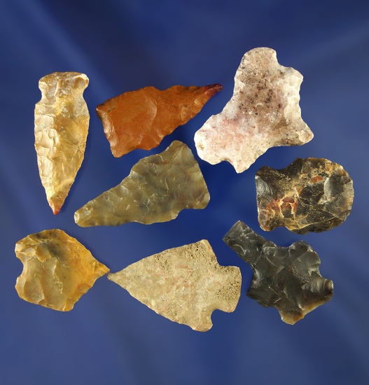 Group of Eight assorted arrowheads and tools, largest is 1 3/8". Wyoming.
