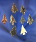 Set of eight assorted Columbia River arrowheads, largest is 15/16