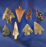 8 assorted arrowheads, largest is 1 1/8