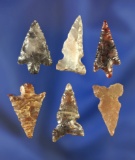Set of six assorted arrowheads and nice condition, largest is 15/16